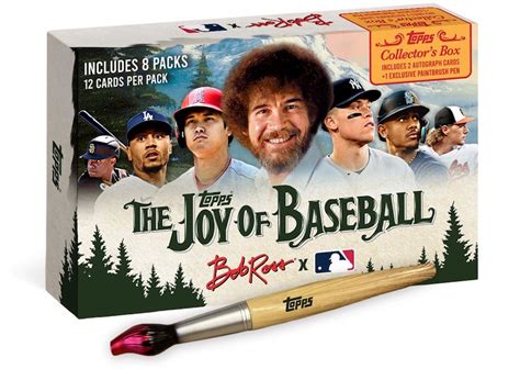 Topps joy of baseball - create an incredibly creative and irresistibly collectible set: The Joy of Baseball. This unique collection showcases Baseball legends, past and present, silhouetted atop Bob Ross’ unmistakable landscape artwork. 2023 Topps x Bob Ross Collector's Edition Box • Find 2 Autographs per Collectors Edition Box & Autographs in 1:4 Happy Little Boxes 